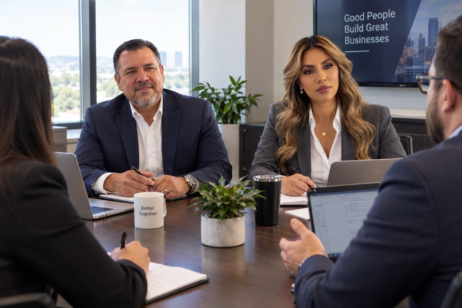 Elva Iris Castano and her husband meeting with clients at a conference table in a sunlit office