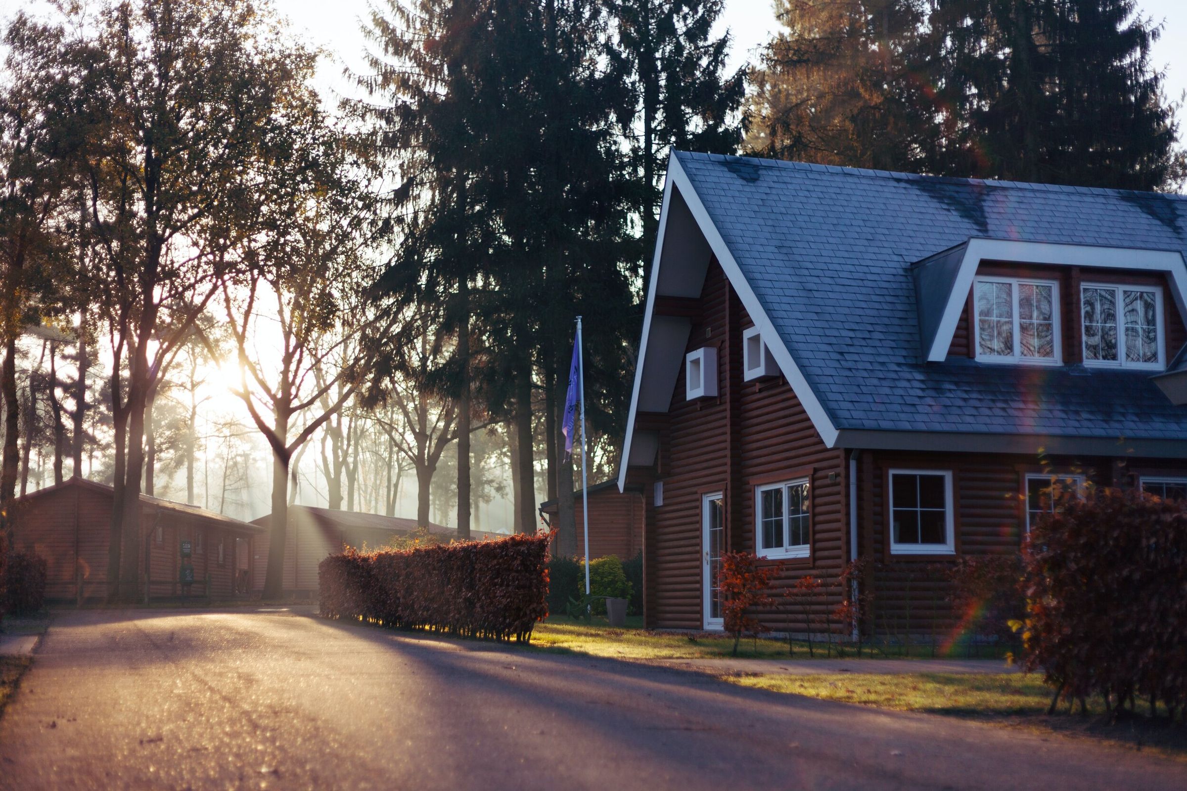 A two-story wooden house with a slate roof in early-morning sun, framed by tall trees